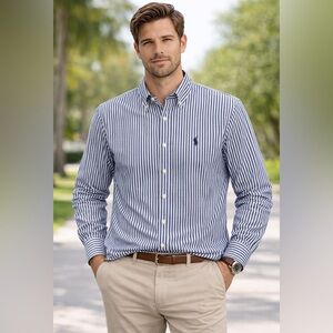 RALPH LAUREN blue and white vertical striped long sleeve button-down shirt.